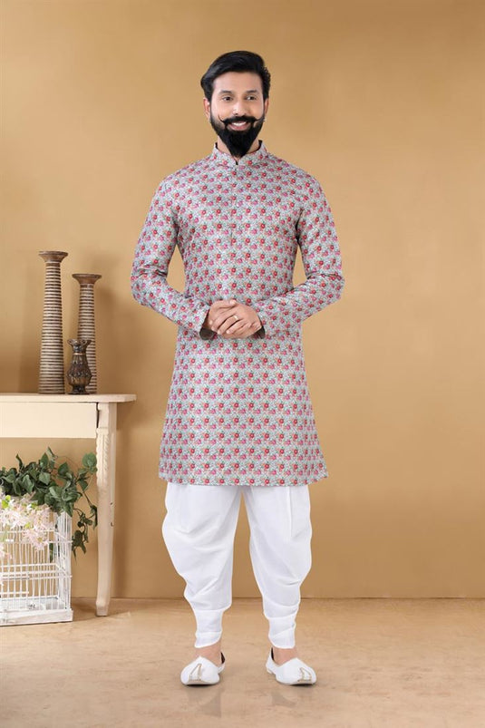 Stunning Dark Beige Color Jacquard Fabric Festive Wear Stylish Readymade Kurta With Dhoti For Men