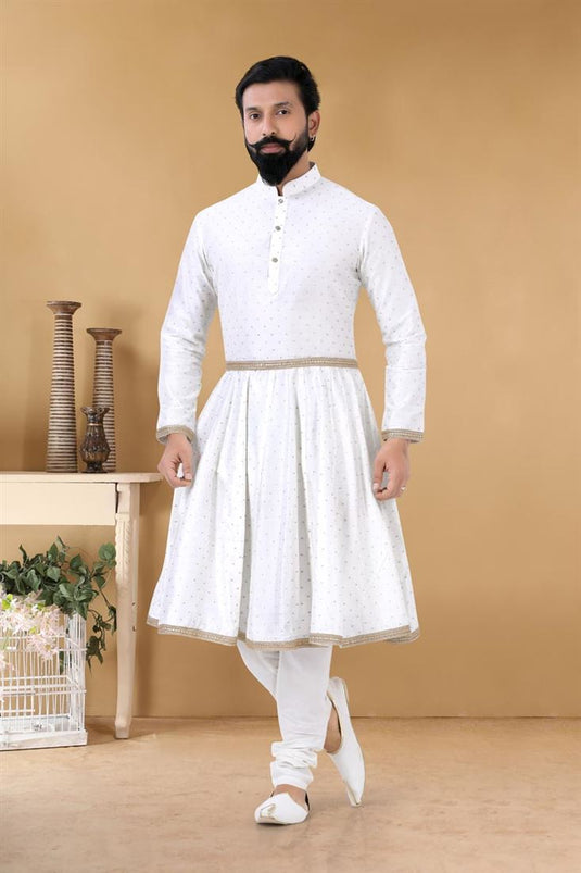 Pretty White Color Fancy Fabric Wedding Wear Designer Readymade Peshwai Style Kurta For Men