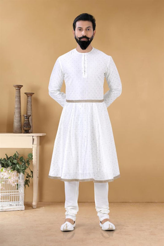 Beautiful White Color Fancy Fabric Reception Wear Stylish Readymade Peshwai Style Kurta For Men