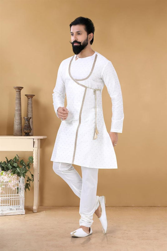 Attractive White Color Fancy Fabric Function Wear Readymade Peshwai Style Kurta For Men