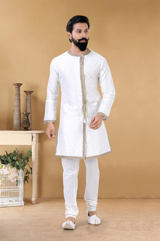 Enriching White Color Fancy Fabric Festive Wear Stylish Readymade Peshwai Style Kurta For Men