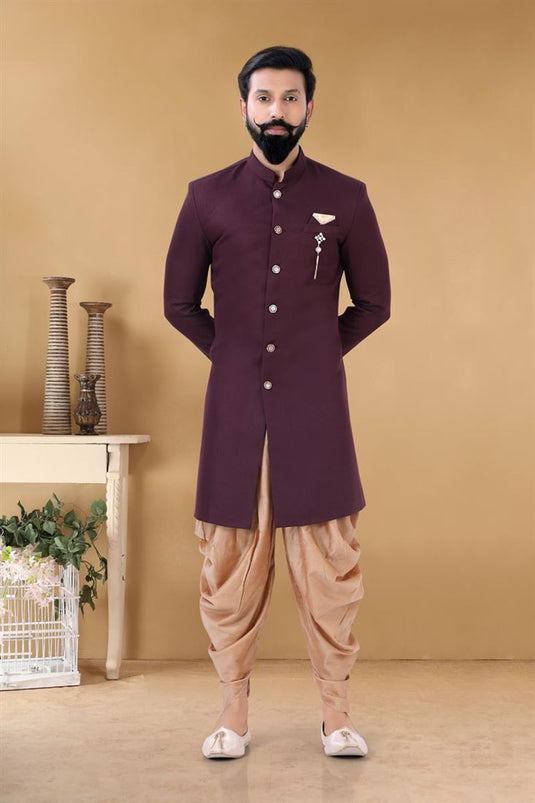 Splendiferous Wine Color Fancy Fabric Sangeet Wear Trendy Readymade Dhoti Style Indo Western For Men