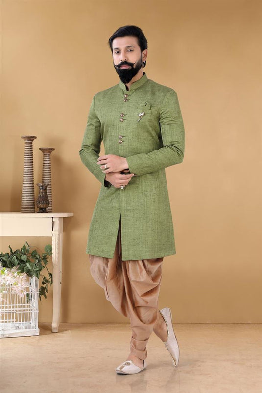 Majestic Green Color Art Silk Fabric Wedding Wear Designer Readymade Dhoti Style Indo Western For Men