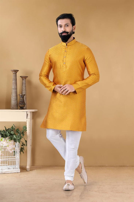 Fascinate Yellow Color Art Silk Fabric Reception Wear Trendy Readymade Kurta Pyjama For Men
