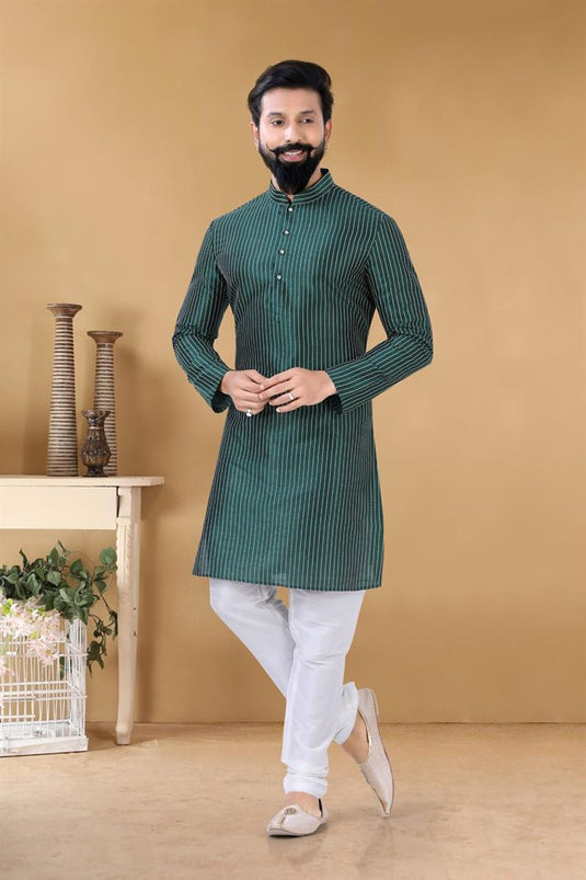 Graceful Teal Color Art Silk Fabric Sangeet Wear Trendy Readymade Kurta Pyjama For Men