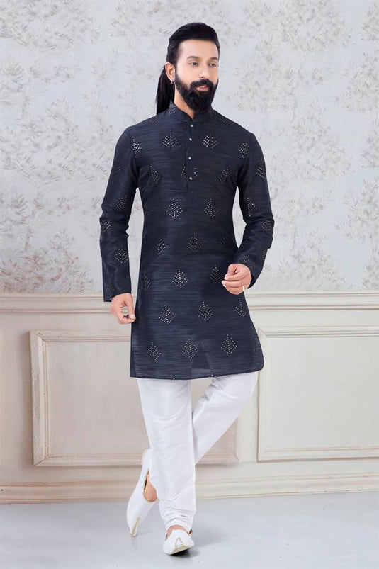 Engaging Black Color Art Silk Fabric Festive Wear Stylish Readymade Kurta Pyjama For Men