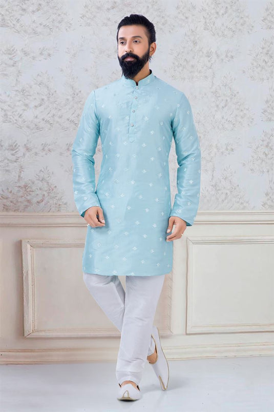Striking Sky Blue Color Art Silk Fabric Function Wear Stylish Readymade Kurta Pyjama For Men