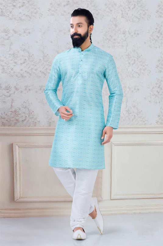 Enriching Cyan Color Art Silk Fabric Festive Wear Designer Readymade Kurta Pyjama For Men