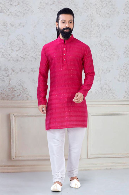 Splendiferous Rani Color Georgette Fabric Sangeet Wear Fancy Readymade Kurta Pyjama For Men