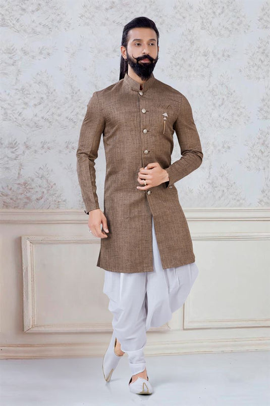 Engaging Brown Color Linen Fabric Festive Wear Trendy Readymade Dhoti Style Indo Western For Men