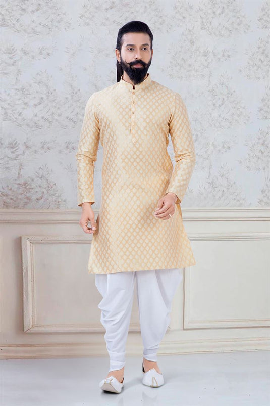 Glamorous Cream Color Jacquard Silk Fabric Function Wear Trendy Readymade Dhoti Style Kurta Pyjama For Men