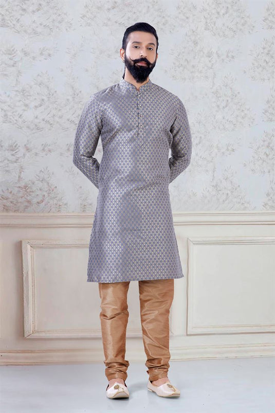 Splendiferous Grey Color Brocade Fabric Sangeet Wear Stylish Readymade Kurta Pyjama For Men
