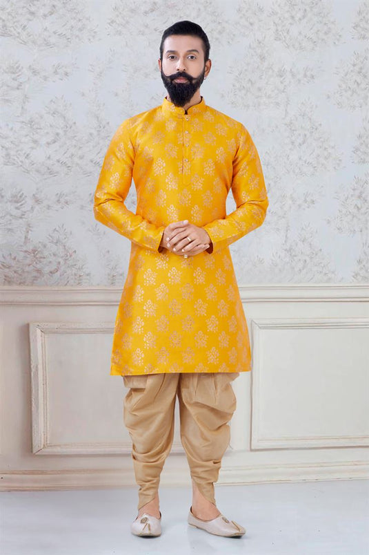 Stunning Yellow Color Fancy Fabric Reception Wear Designer Readymade Dhoti Style Kurta Pyjama For Men