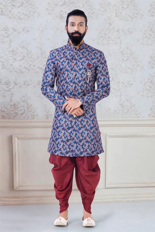 Splendiferous Navy Blue Color Jacquard Fabric Sangeet Wear Trendy Readymade Dhoti Style Indo Western For Men