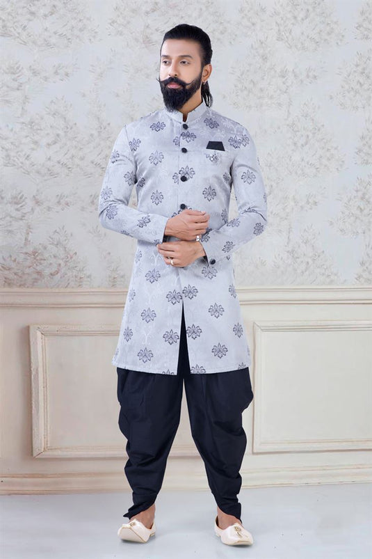 Magnificent Grey Color Jacquard Fabric Function Wear Stylish Readymade Dhoti Style Indo Western For Men