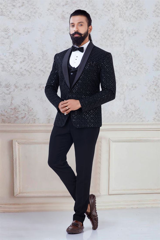 Gorgeous Black Self Design Slim Fit Tuxedo Party Suit For Men
