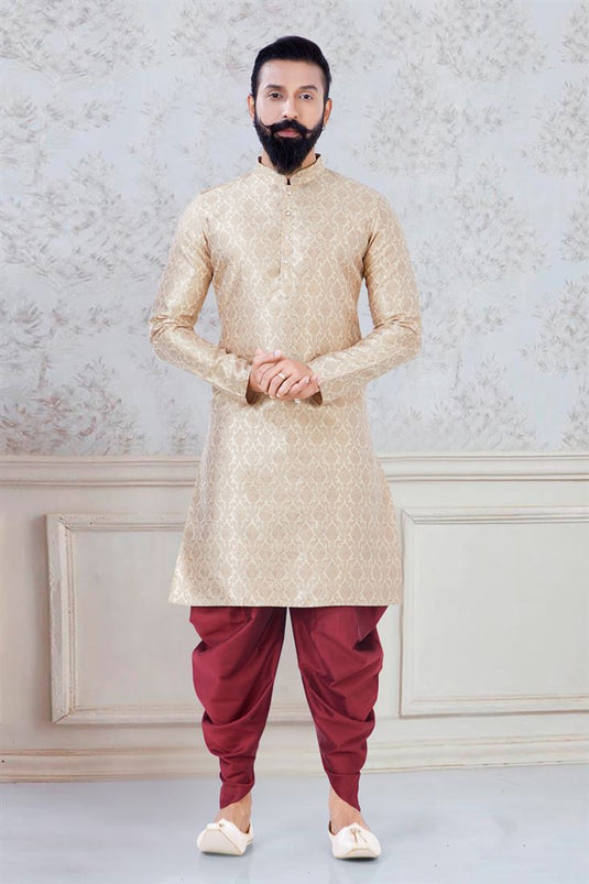 Graceful Cream Color Jacquard Fabric Sangeet Wear Designer Readymade Dhoti Style Kurta Pyjama For Men