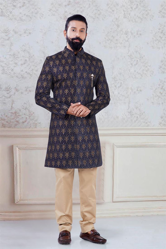 Pretty Navy Blue Velvet Fabric Wedding Indowestern For Men