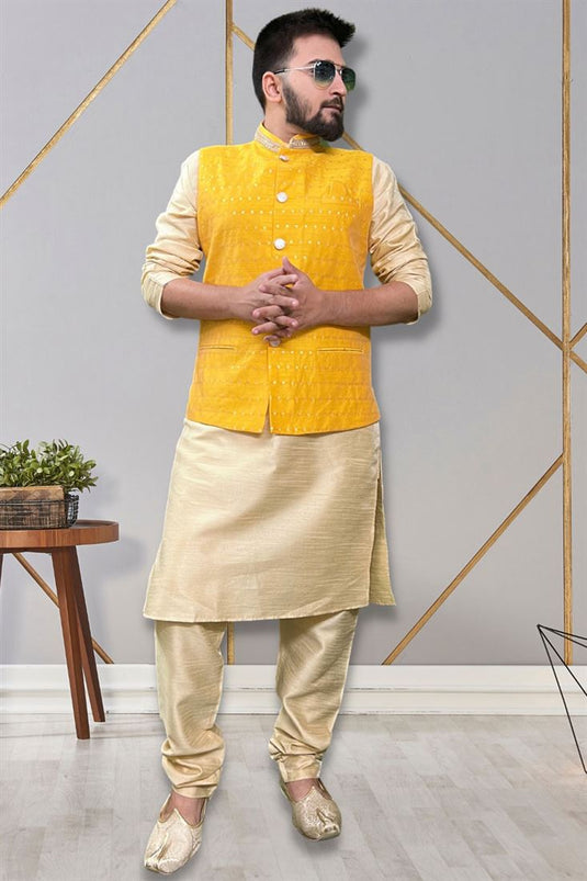 Art Silk Readymade Designer Men Kurta Pyjama With Yellow Color Jacket