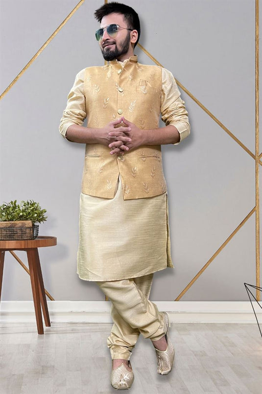 Art Silk Fabric Readymade Stunning Kurta Pyjama For Men With Cream Color 3 Pcs Jacket Set