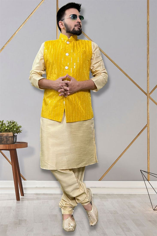 Readymade Lovely Art Silk Fabric Kurta Pyjama For Men With Yellow Color 3 Pcs Jacket Set
