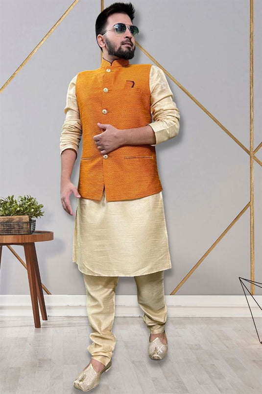 Readymade Art Silk Fabric Beautiful Kurta Pyjama For Men With Orange Color 3 Pcs Jacket Set