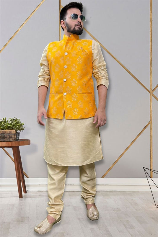 Moss Art Silk Fabric Readymade Men Kurta Pyjama With Yellow Color Jacket Set