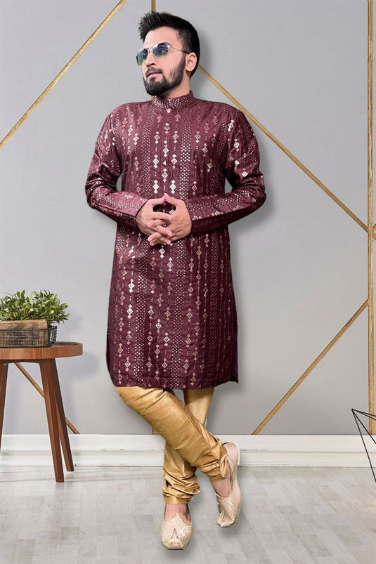 Art Silk Fabric Wine Color Readymade Men Stylish Kurta Pyjama