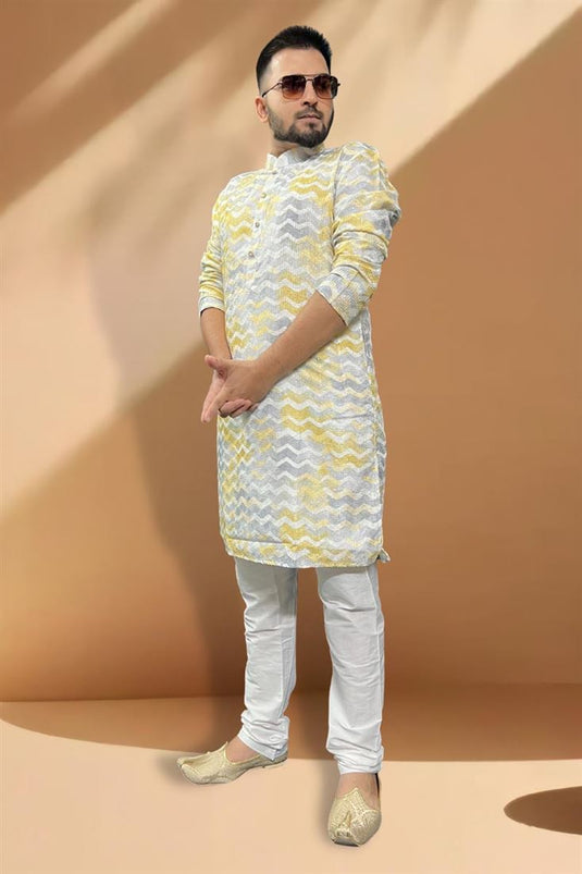 Cotton Grey And Yellow Color Wedding Wear Readymade Designer Men Kurta Pyjama
