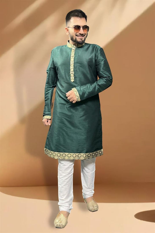 Pretty Silk Fabric Sangeet Wear Readymade Men Kurta Pyjama In Teal Color