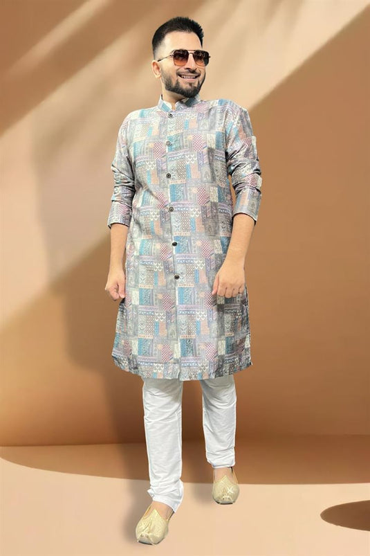 Beautiful Grey Color Wedding Wear Readymade Kurta Pyjama For Men In Silk Fabric