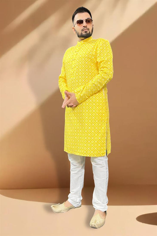 Cotton Yellow Magnificent Readymade Men Kurta Pyjama For Sangeet Wear