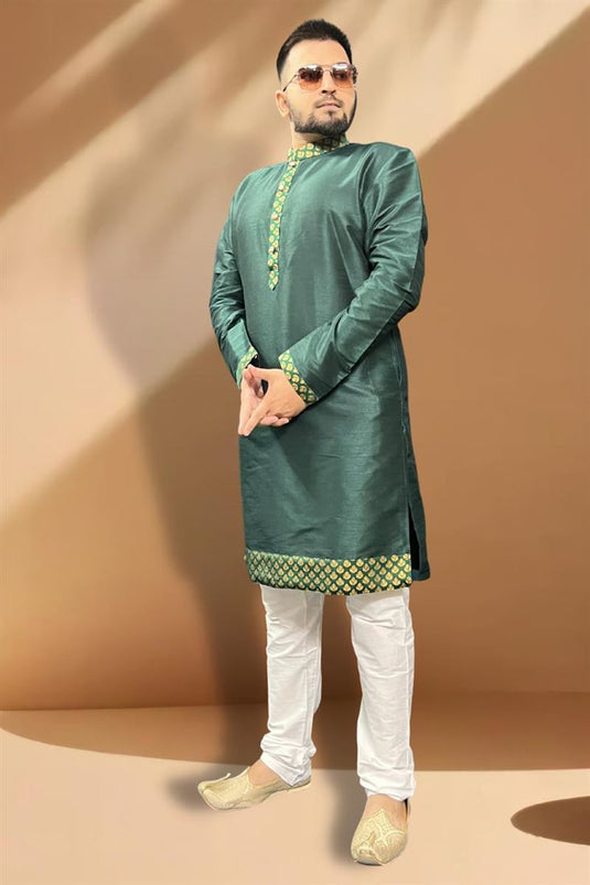 Green Color Reception Wear Readymade Silk Fabric Kurta Pyjama For Men