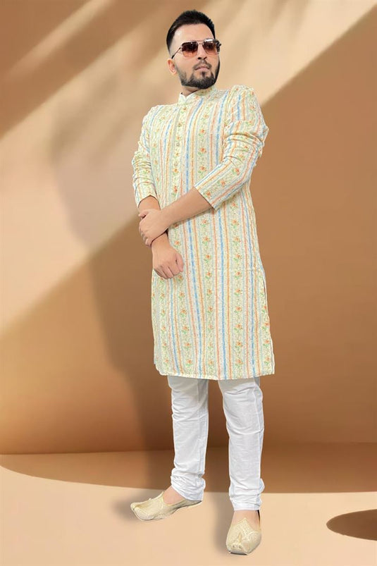 Sangeet Wear Readymade Kurta Pyjama For Men In Cotton Cream Color