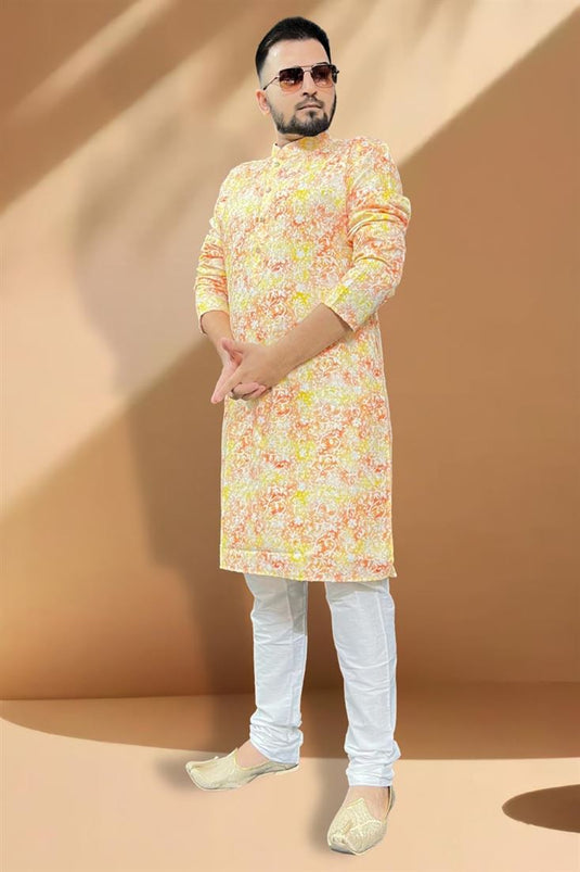 Yellow And Orange Color Sangeet Wear Cotton Fabric Designer Readymade Kurta Pyjama For Men