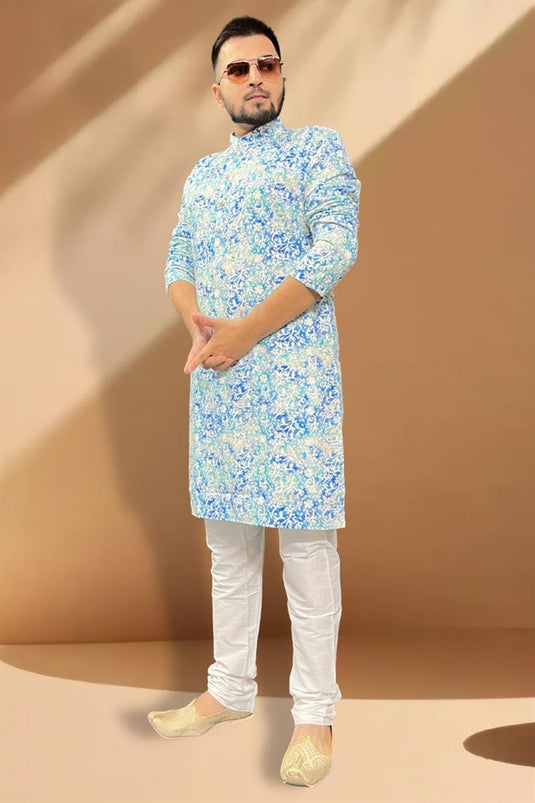 Appealing Blue Color Cotton Fabric Function Wear Kurta Pyjama For Men