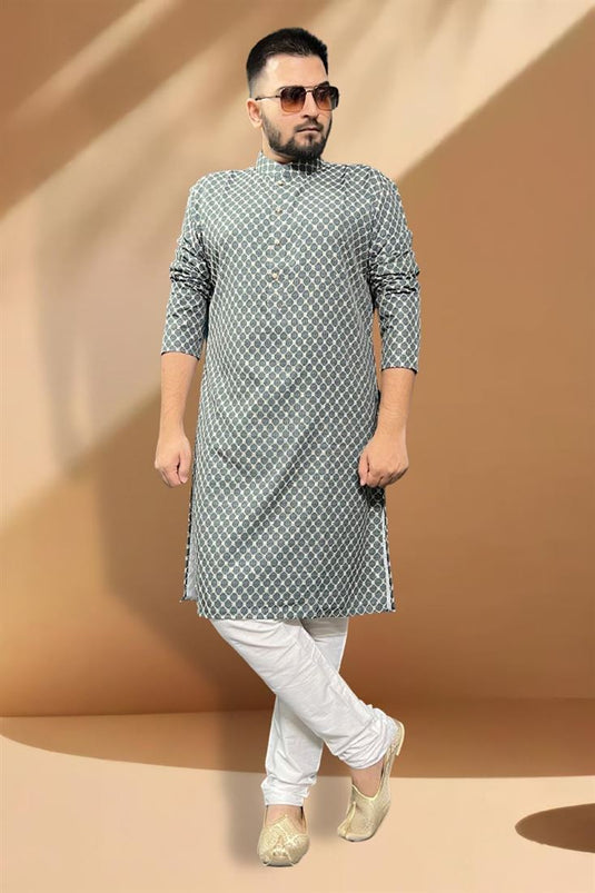 Grey Color Engaging Cotton Fabric Festive Wear Kurta Pyjama For Men