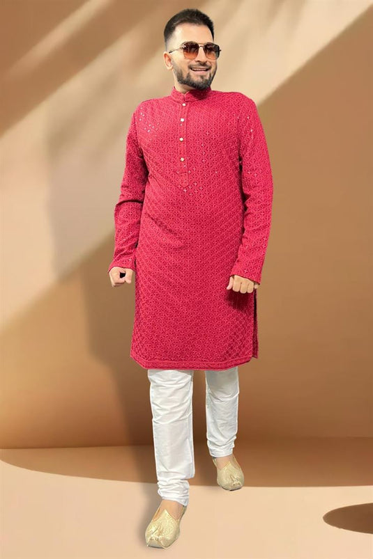 Fetching Red Rayon Fabric Sangeet Wear Kurta Pyjama For Men