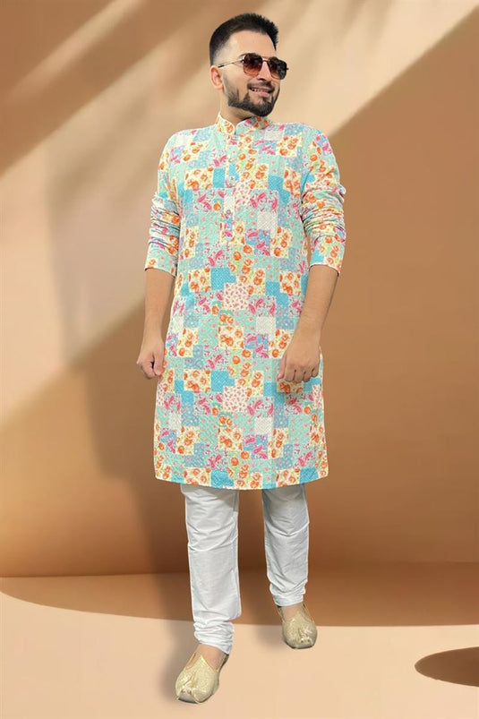 Sea Green Color Cotton Fabric Reception Wear Striking Kurta Pyjama For Men
