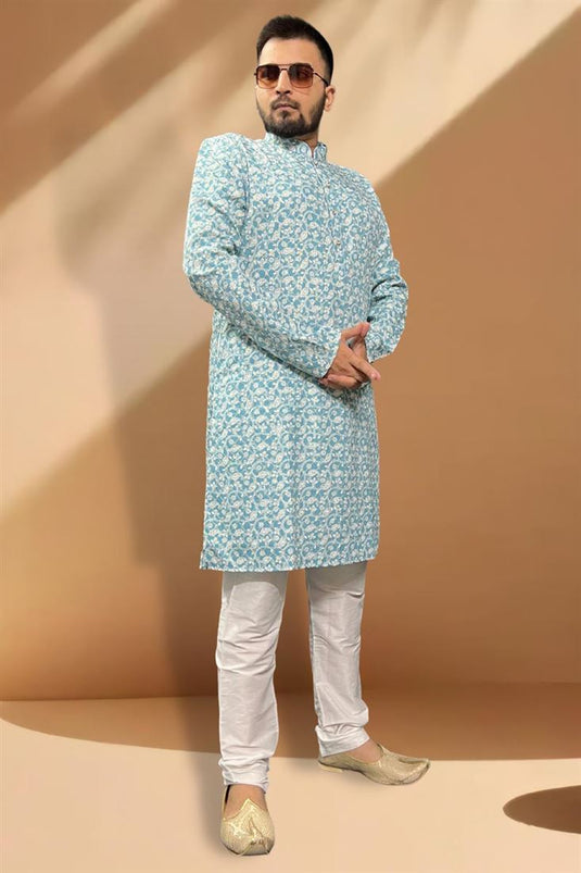 Reception Wear Attractive Kurta Pyjama For Men In Blue Color Cotton Fabric