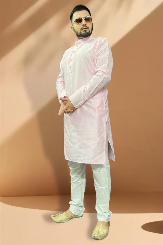 Silk Fabric Pink Color Readymade Kurta Pyjama For Men