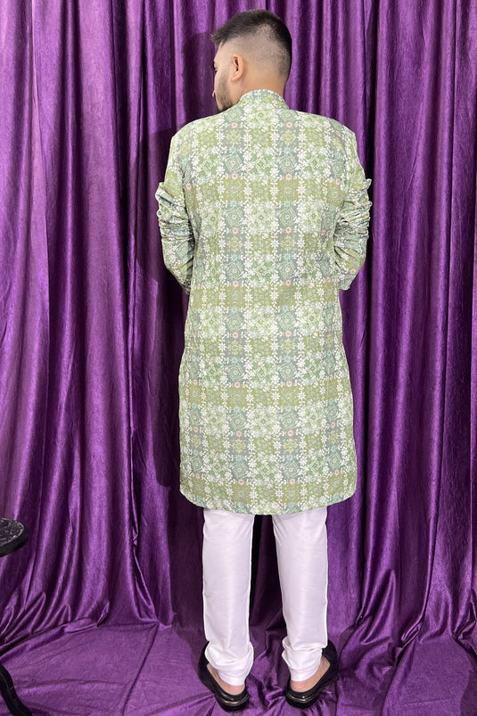 Sea Green Color Readymade Kurta Pyjama For Men In Cotton Fabric