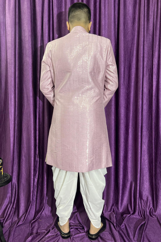 Pink Color Silk Fabric Wedding Wear Readymade Peshawari Style Indo Western For Men