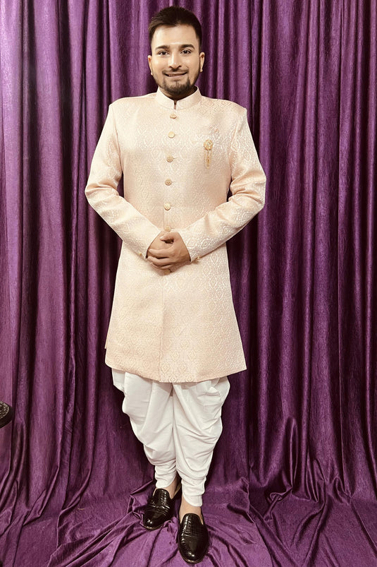 Jacquard Fabric Pink Color Wedding Wear Readymade Men Stylish Peshawari Style Indo Western