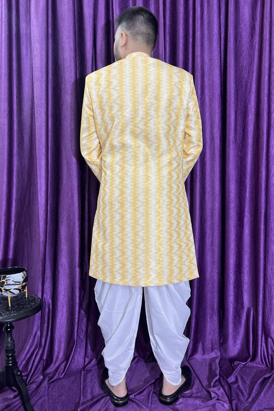 Yellow Gorgeous Cotton Fabric Wedding Wear Readymade Peshawari Style Indo Western For Men