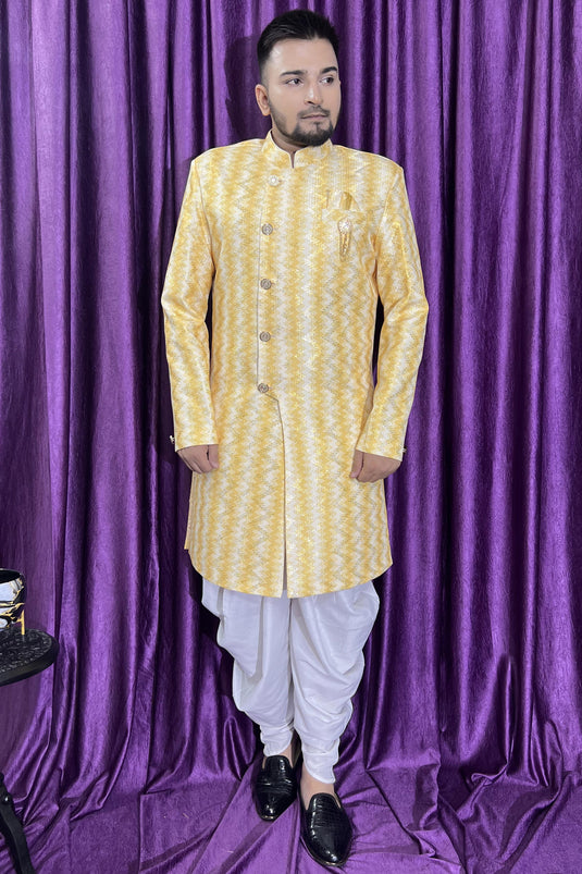 Yellow Gorgeous Cotton Fabric Wedding Wear Readymade Peshawari Style Indo Western For Men