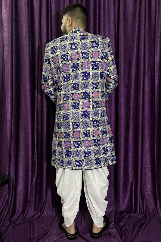 Cotton Stunning Blue Color Wedding Wear Readymade Men Peshawari Style Indo Western