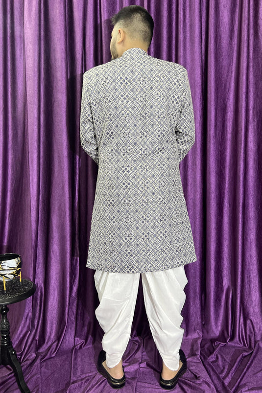 Pretty Cotton Fabric Wedding Wear Readymade Men Peshawari Style Indo Western In Grey Color