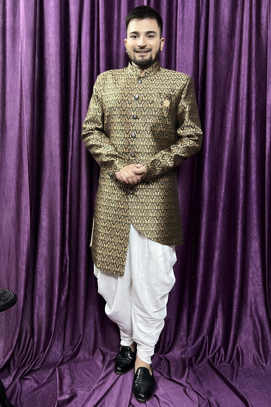 Olive Wedding Wear Readymade Glamorous Peshawari Style Indo Western For Men In Jacquard Fabric