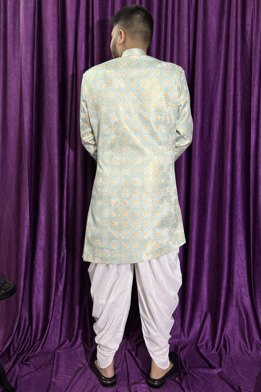 Light Blue Jacquard Fabric Magnificent Readymade Men Peshawari Style Indo Western For Wedding Wear